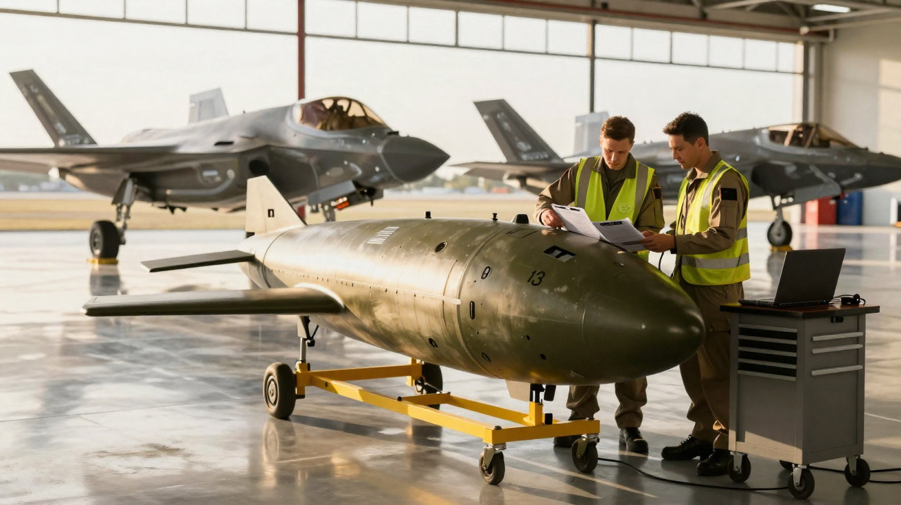 Zwei Soldaten überprüfen Dokumente neben einer großen Bombe in Hangar mit zwei Militärjets im Hintergrund.