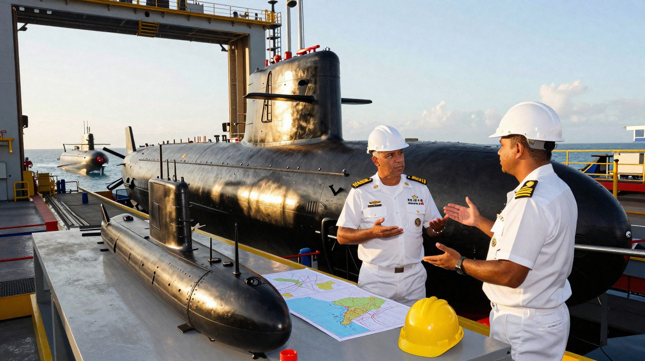Zwei Marineoffiziere diskutieren vor einem U-Bootmodell und einem U-Boot auf einem Schiff bei Sonnenuntergang.