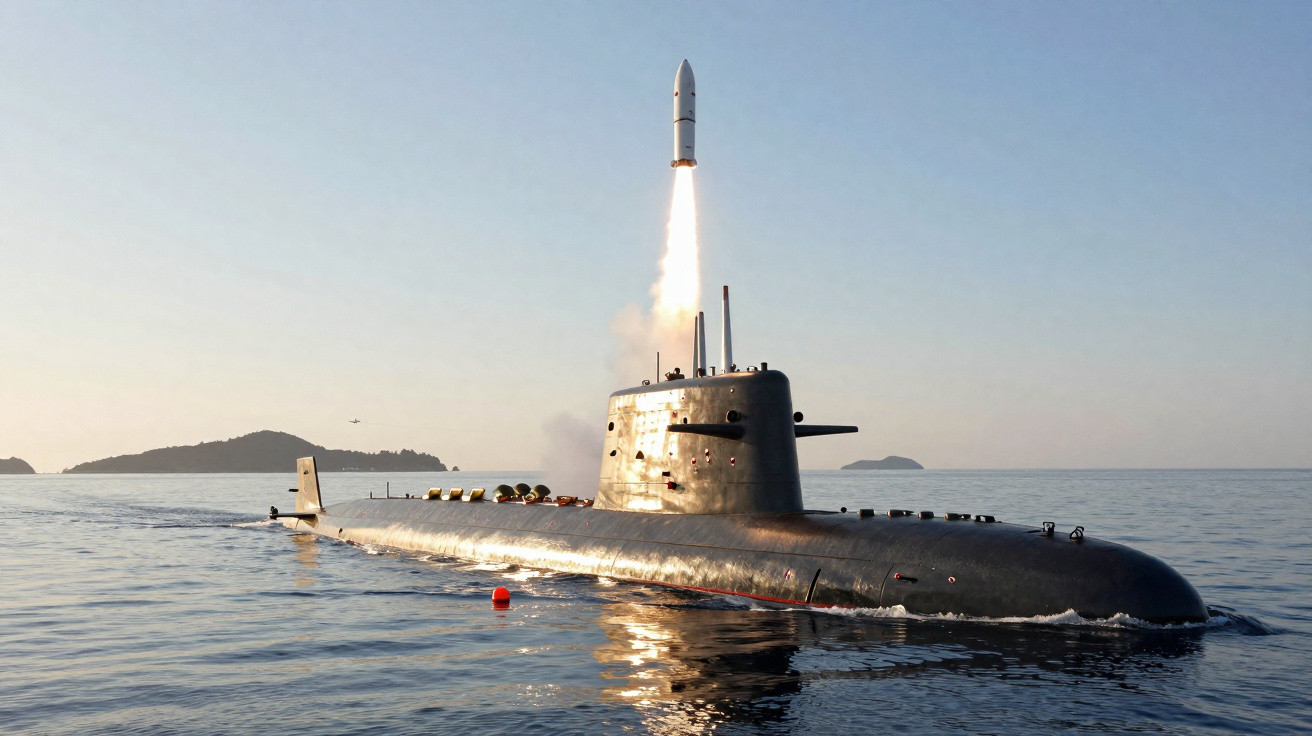 Raketentest von einem auf der Wasseroberfläche schwimmenden U-Boot umgeben von ruhigem Meer und Inseln.