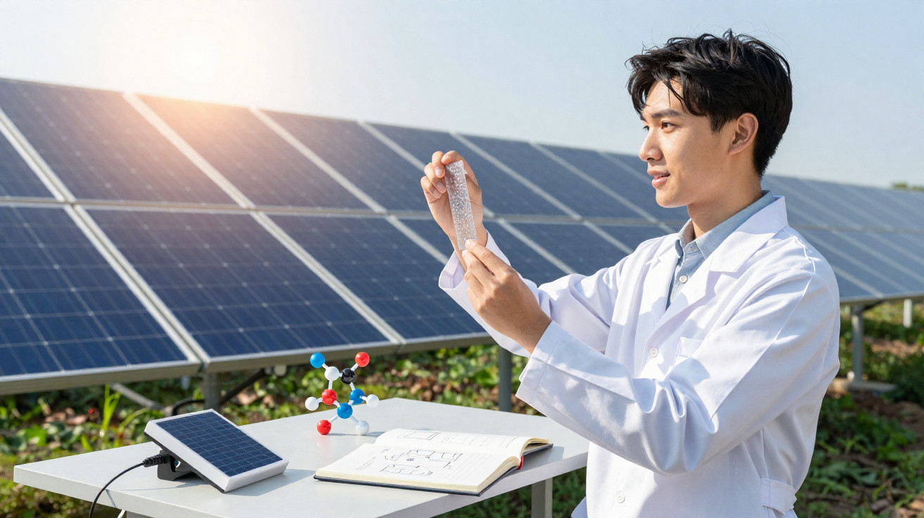 Wissenschaftler im Laboralltag untersucht Wasserprobe vor Solarpanels im Freien bei Sonnenlicht.