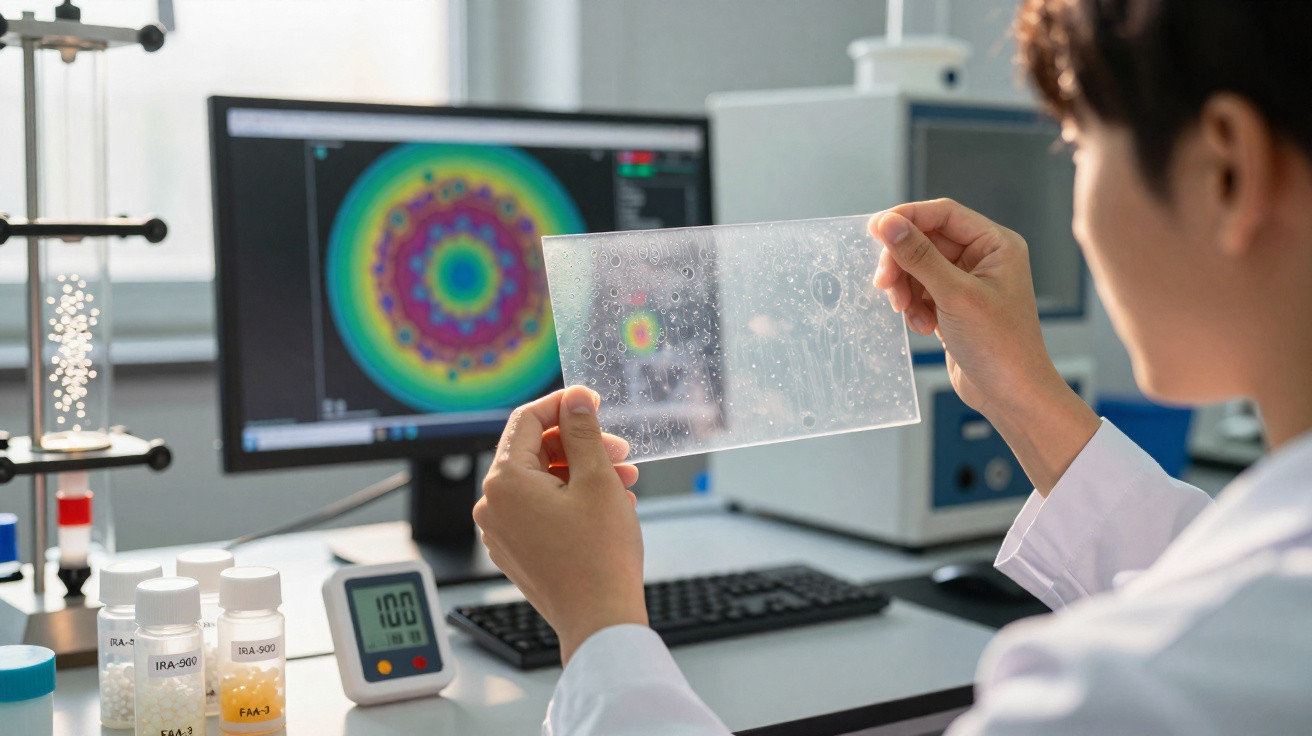 Wissenschaftler hält transparente Folie mit Mustern vor Computerbildschirm mit buntem Kreismuster im Labor.