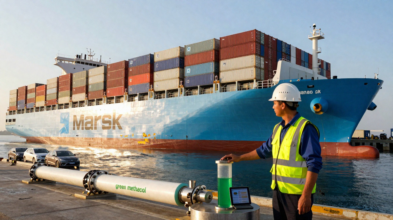 Containerschiff der Reederei Maersk im Hafen, Arbeiter mit Helm und Warnweste bei grünem Methanol-Terminal.