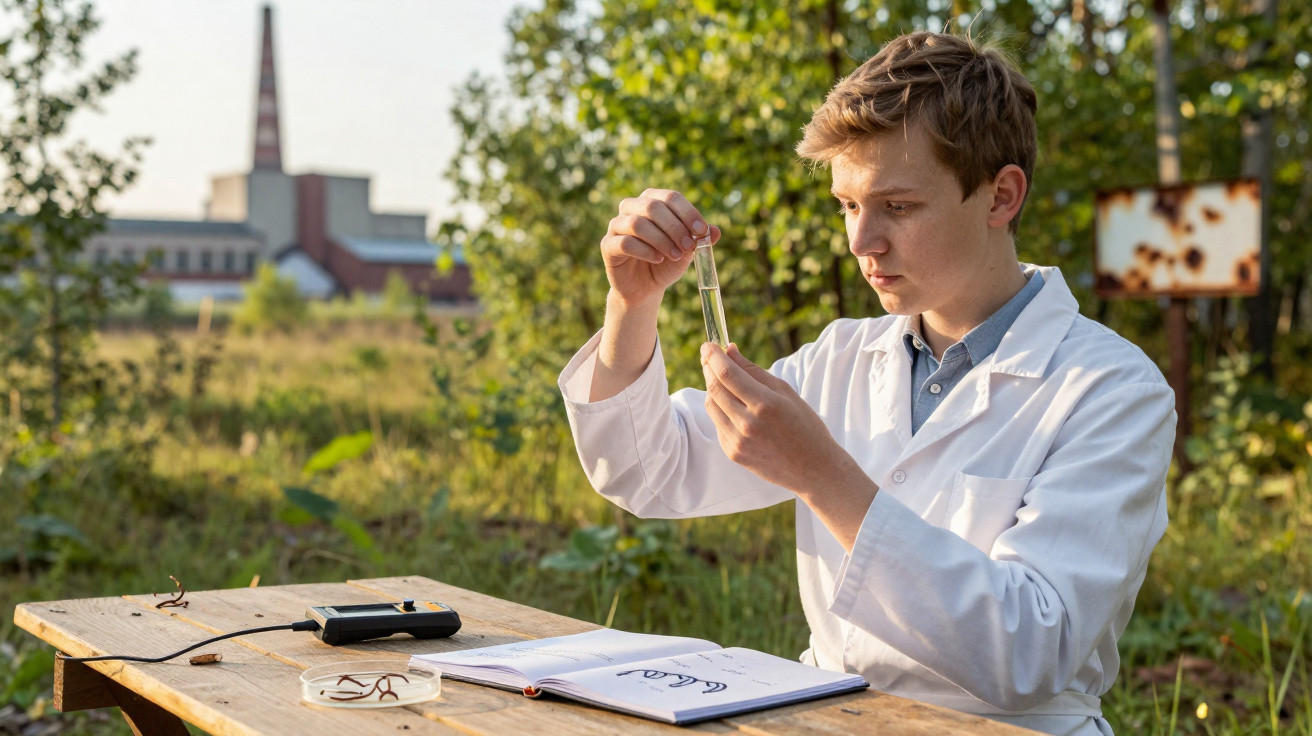 Junger Wissenschaftler im weißen Kittel untersucht Probe im Reagenzglas im Freien vor Industriegebäude.