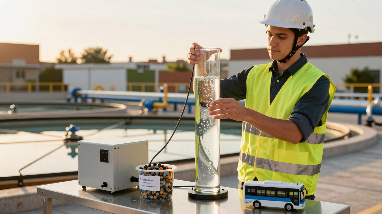 Ingenieur in Schutzhelm und Warnweste überprüft Wasserqualität an Wasseraufbereitungsanlage im Freien.
