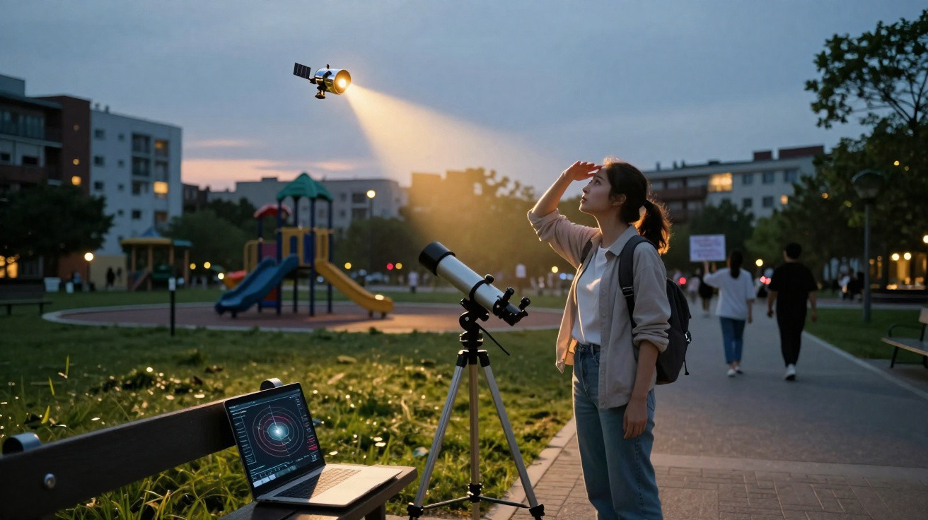 Frau schaut abends mit Teleskop und Laptop im Park zu einem fliegenden Miniatursatelliten am Himmel.