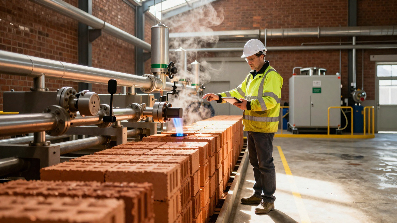 Ein Arbeiter in Schutzkleidung überwacht die industrielle Herstellung von Ziegelsteinen mit Gasbrenner.