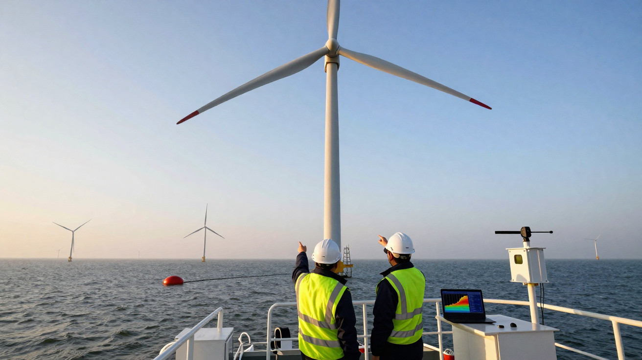 Zwei Techniker in Schutzhelmen und Warnwesten beobachten Offshore-Windräder auf dem Meer bei klarem Himmel.