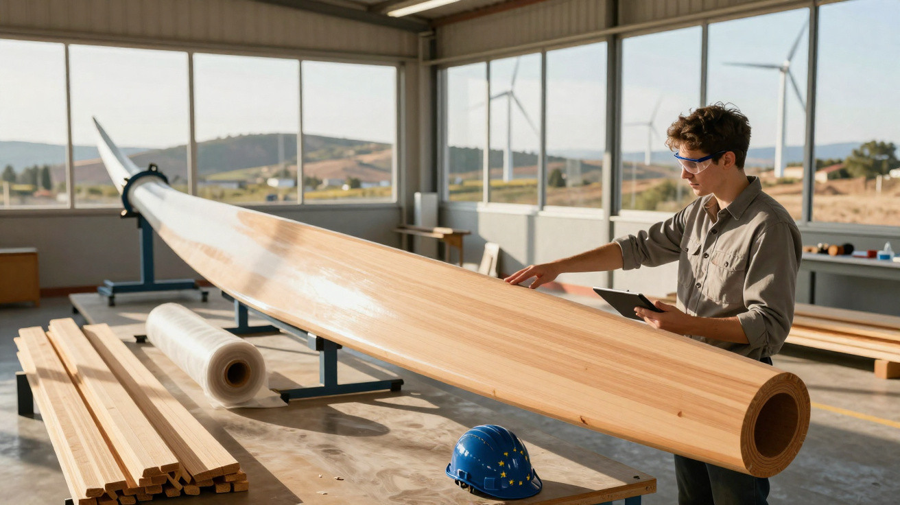 Mann überprüft große Holzwindradflügel in heller Werkstatt mit Tablet und Schutzbrille, blauer Helm auf Tisch.