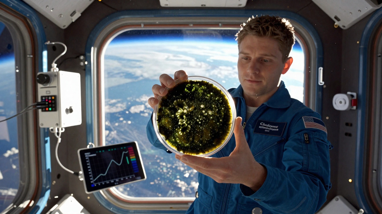 Astronaut hält Petrischale mit Bakterien in der Raumstation vor Erdblick durchs Fenster