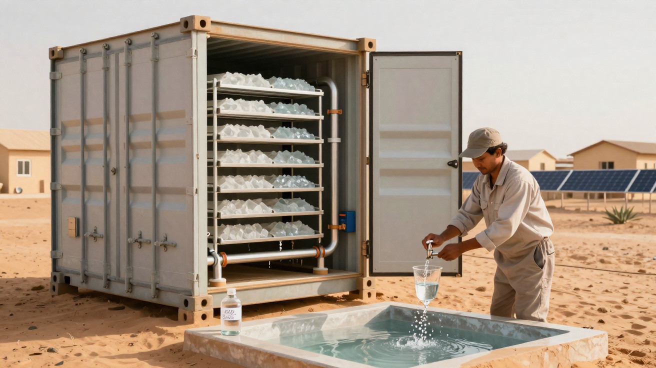Mann zapft Wasser aus futuristischem Gerät zur Kondensation von Luftfeuchtigkeit in Wüste mit Solarpanels im Hintergrund.