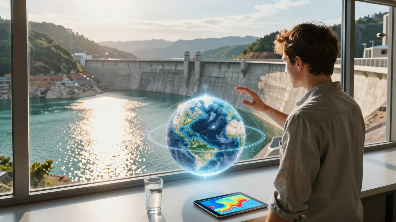 Junge nutzt Tablet mit 3D-Globusprojektion vor großem Fenster und Blick auf Staudamm und Wasser.