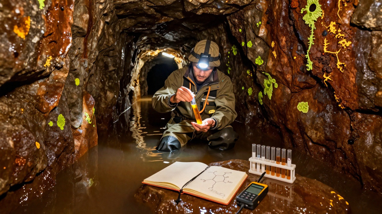 Forscher im wassergefüllten Stollen untersucht Flüssigkeit in Reagenzglas mit Notizbuch und Messgerät