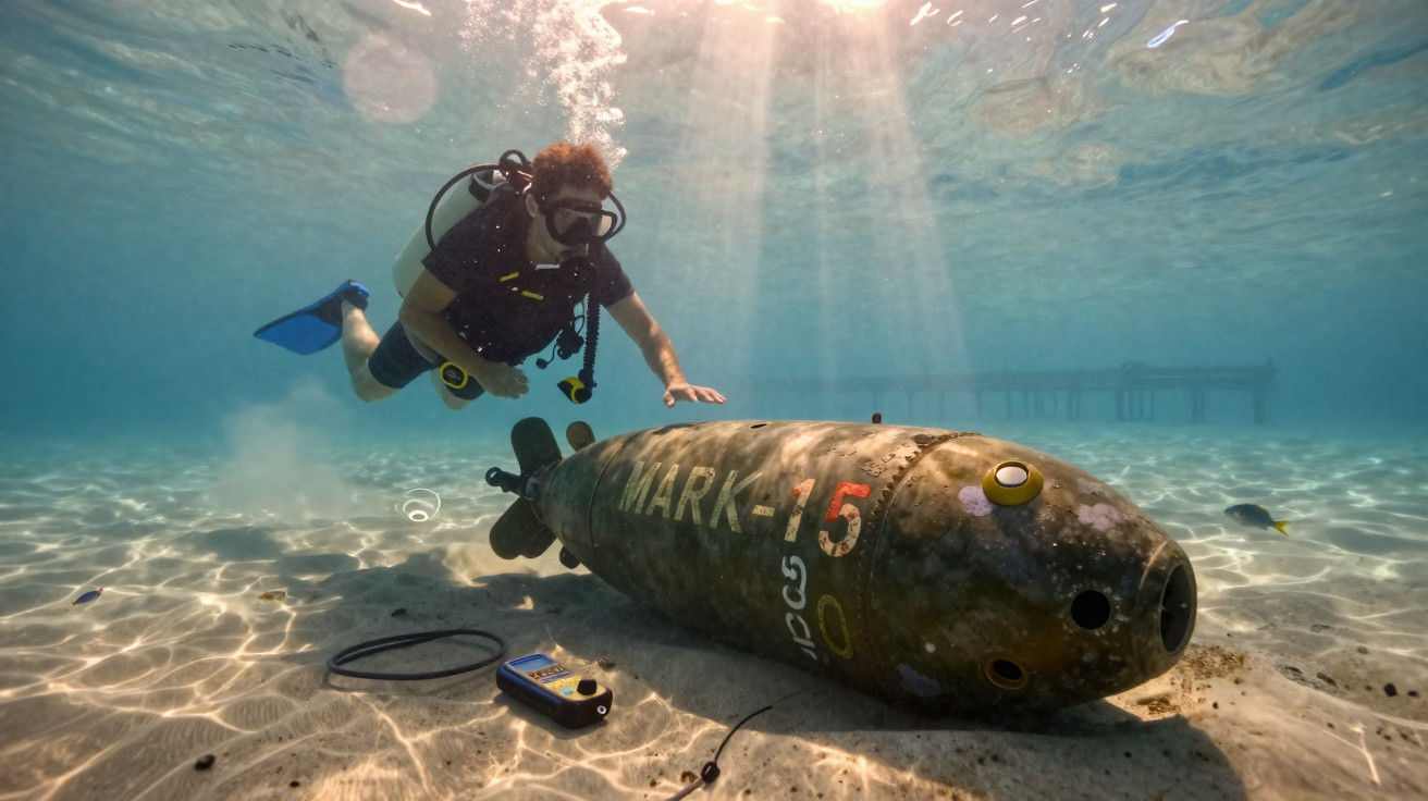 Taucher untersucht eine unter Wasser liegende alte Mark-15-Bombe auf sandigem Meeresboden.