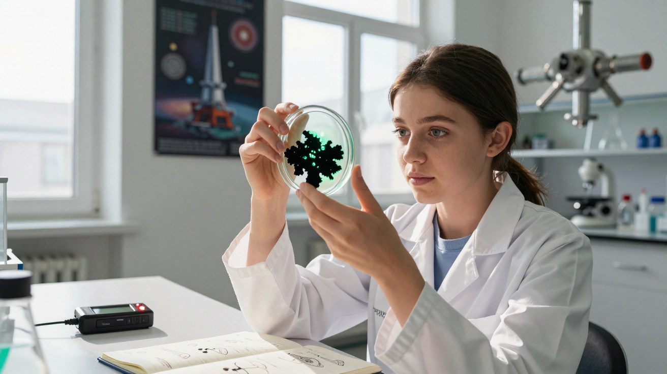 Junge Wissenschaftlerin untersucht schwarze Kristalle in einer Petrischale in einem Laborraum.