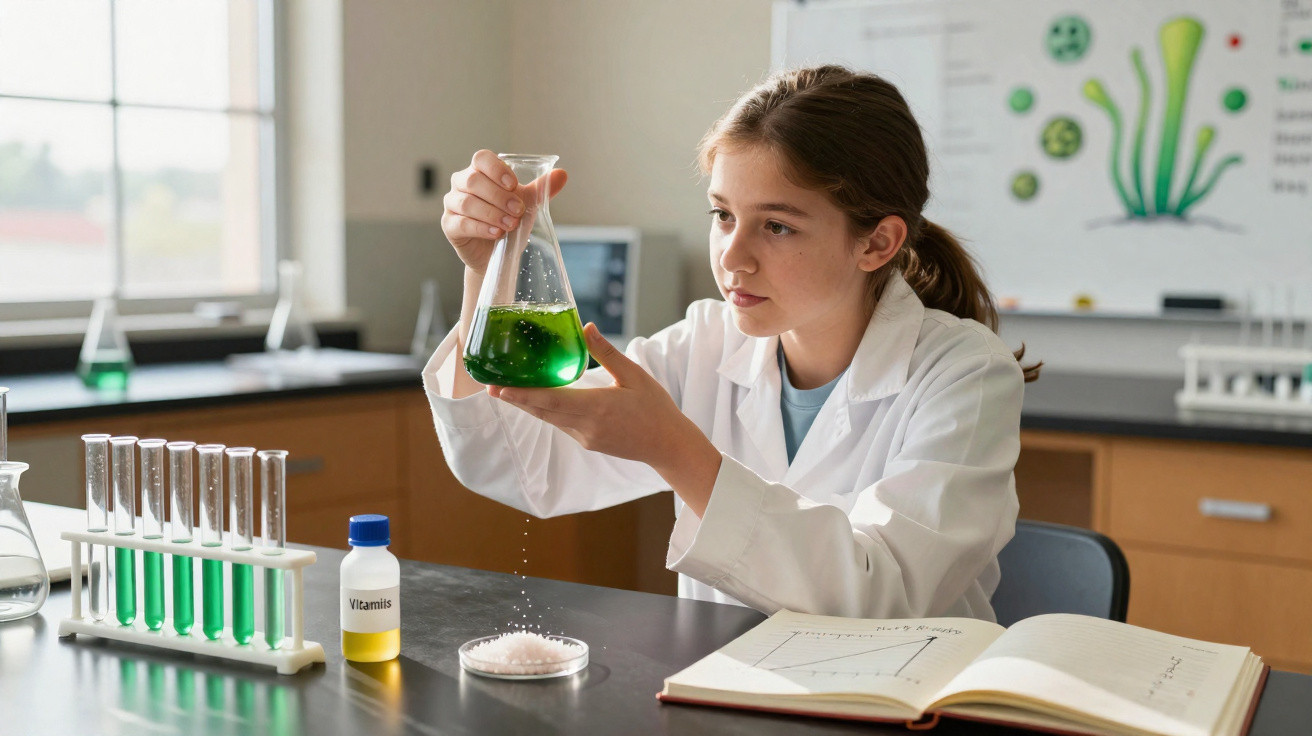 Schülerin in weißem Kittel untersucht grüne Flüssigkeit im Chemielabor mit Reagenzgläsern und offenem Buch.