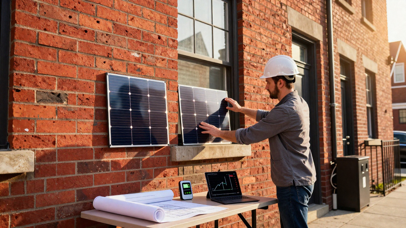 Ein Techniker montiert Solarmodule an einer Backsteinwand bei sonnigem Wetter.