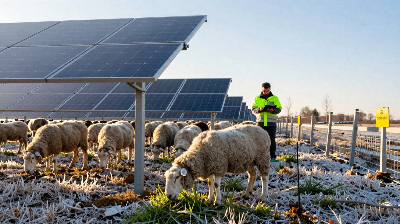 Schafe grasen unter Solarpanelen auf einem Feld, während ein Mann mit Tablet an einer Umzäunung steht.