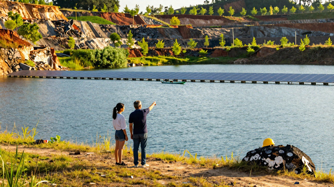 Mann zeigt auf schwimmende Solarpaneele auf See, Frau steht neben ihm in einer Berglandschaft.