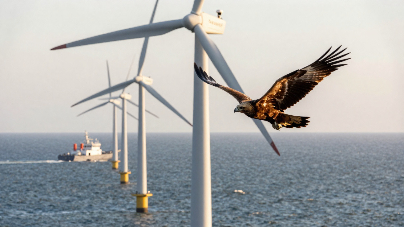 Greifvogel fliegt vor einem Offshore-Windpark mit mehreren Windturbinen und einem Schiff auf dem Meer.
