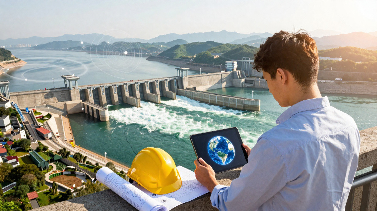 Ingenieur mit Tablet vor Wasserkraftwerk, Baupläne und Schutzhelm auf Geländer im Sonnenlicht