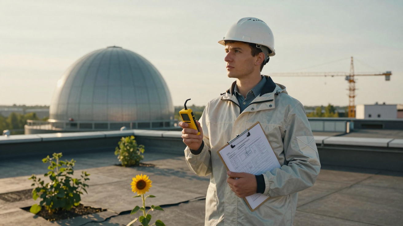 Ingenieur mit Helm und Messgerät auf Dach mit Solarpflanzen und Kuppelgebäude im Hintergrund.