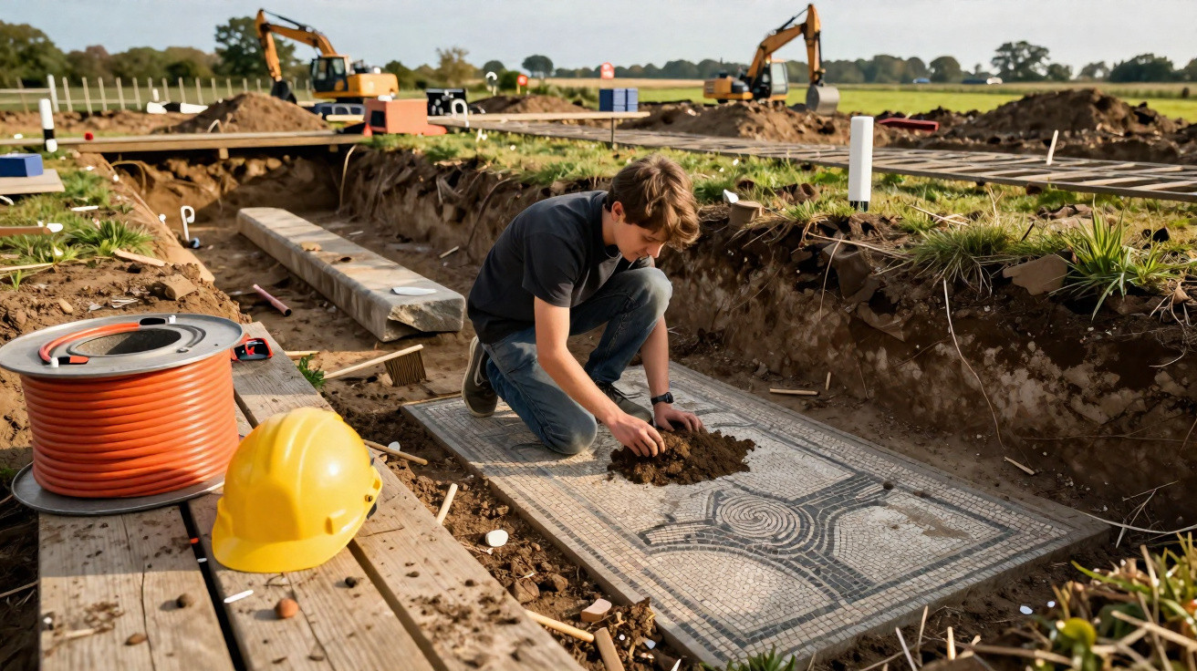 Archäologe untersucht Mosaikboden bei Ausgrabung auf einer Freifläche mit Baggern im Hintergrund.