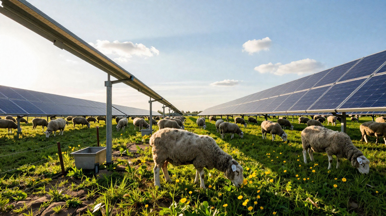 Schafe grasen auf einer Wiese zwischen großen Solarzellen unter blauem Himmel mit vereinzelten Wolken.