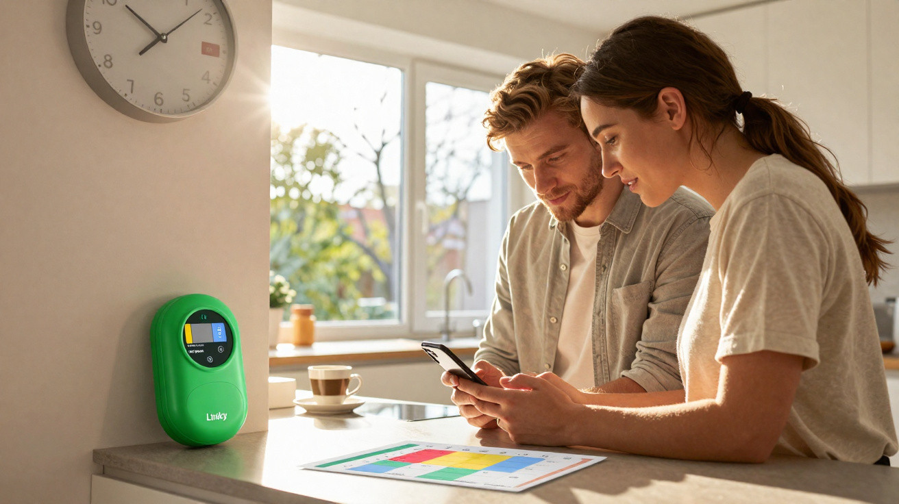 Junges Paar nutzt Smartphone und Smart-Home-Gerät in heller Küche mit Tageslicht am Fenster.