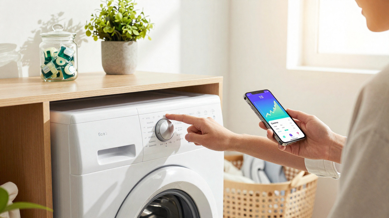 Person stellt Waschmaschine ein und blickt auf Smartphone mit Energieverbrauchsanzeige im Wohnzimmer.