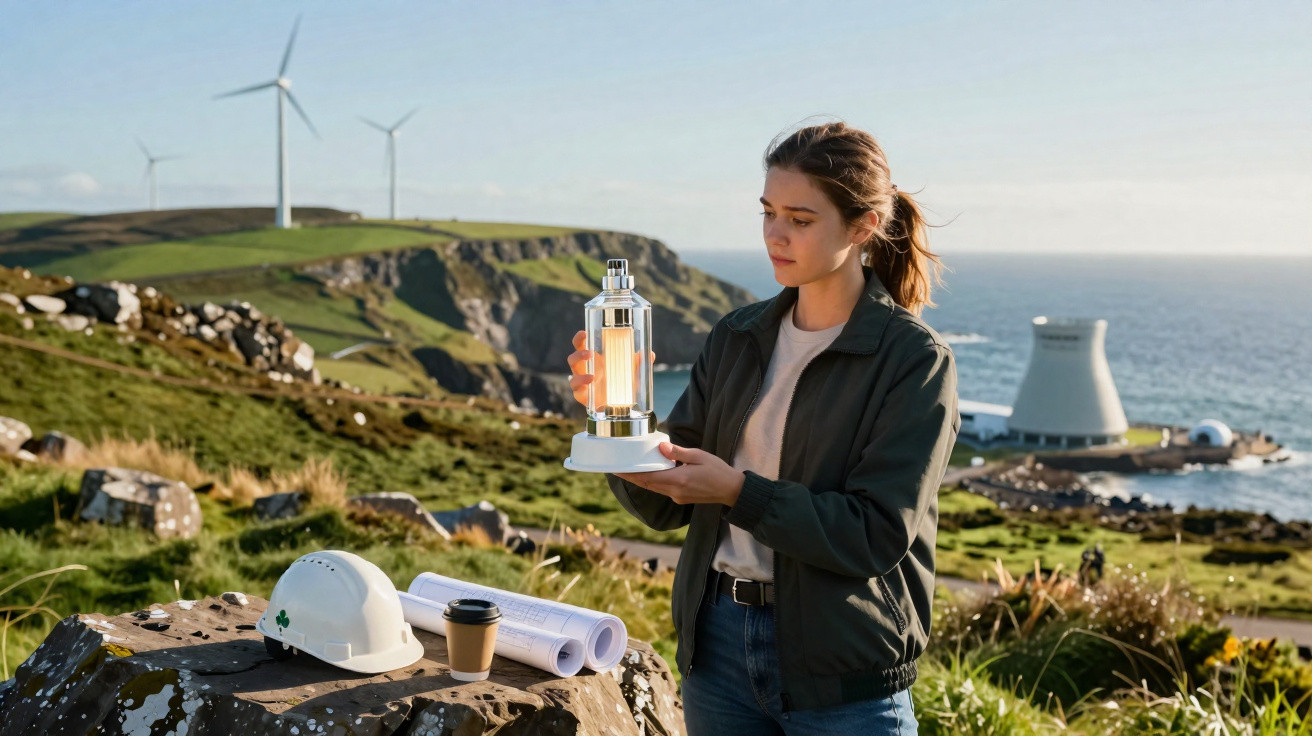 Frau in Outdoor-Umgebung hält transparentes Modell mit Licht, Windräder und Kühlanlage im Hintergrund.