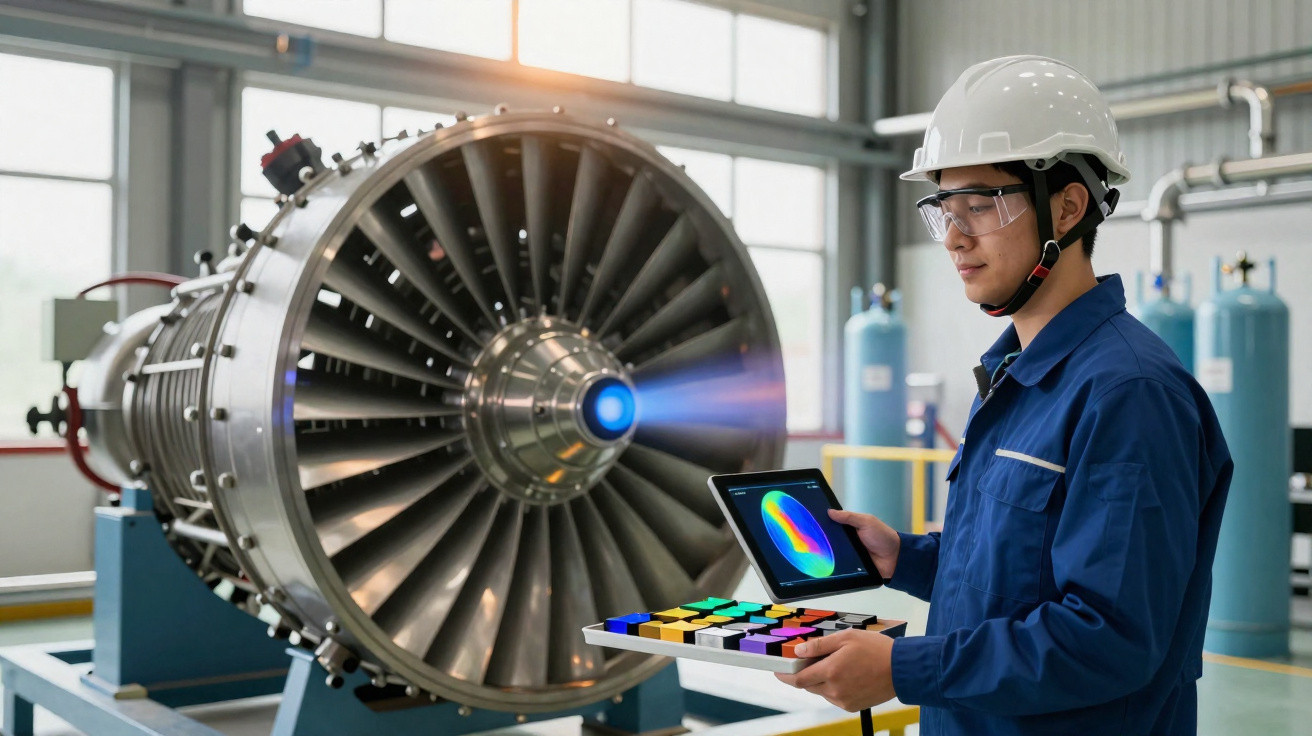 Ingenieur mit Schutzhelm prüft Strömungssimulation an einem großen Industrieventilator in einer Werkstatt.