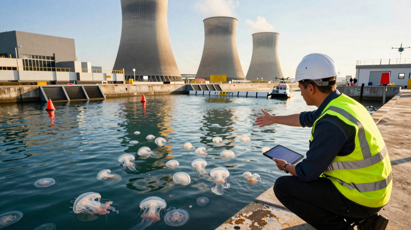 Mann mit Helm und Warnweste beobachtet Quallen im Wasser vor drei Kühltürmen einer Industrieanlage.