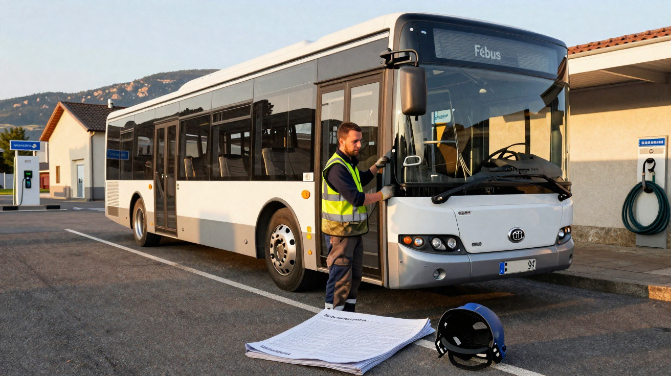 Mann in Warnweste überprüft weißen Linienbus an Ladestation im Freien bei Sonnenuntergang.