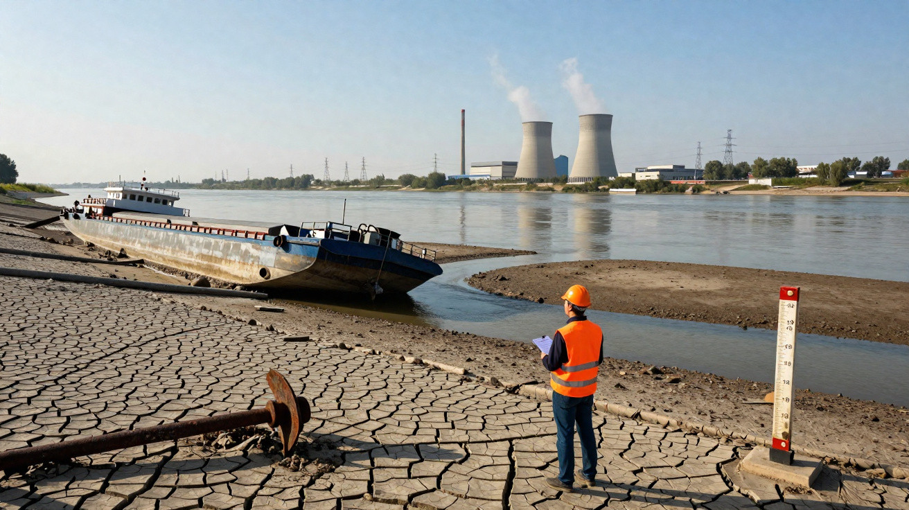 Ein Arbeiter in Schutzweste untersucht ein ausgetrocknetes Flussbett mit gestrandeter Fähre und Kraftwerk im Hintergrund.
