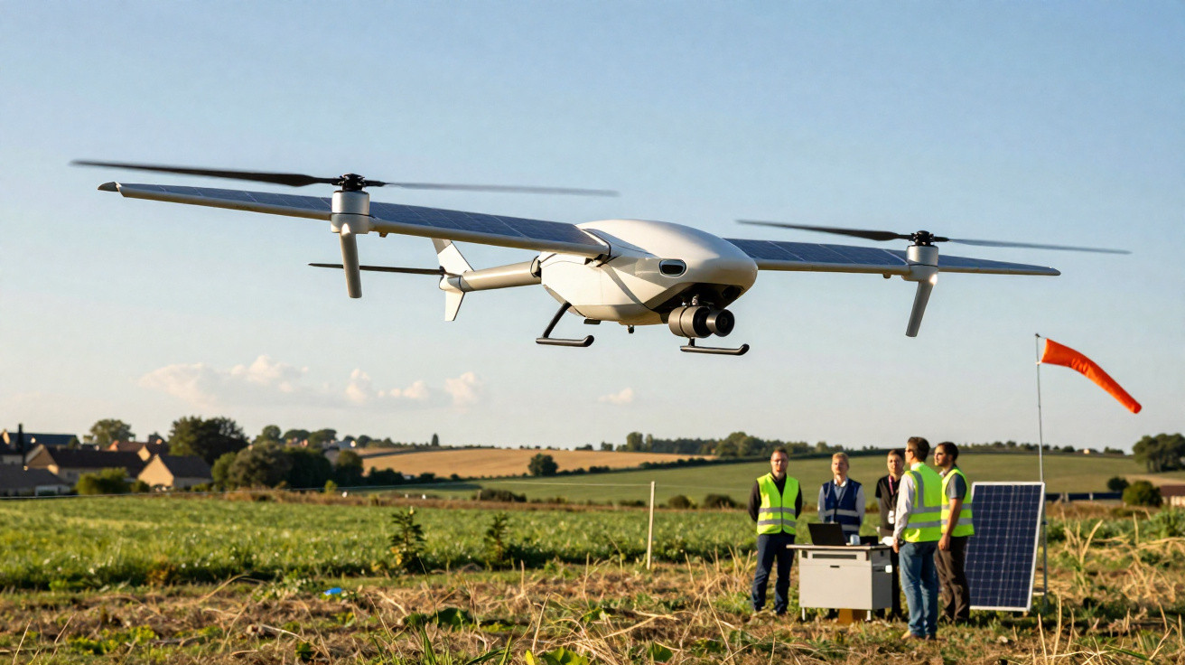 Große Drohne fliegt über Ackerland, im Hintergrund vier Personen mit Warnwesten neben Solarpanel und Windfahne.