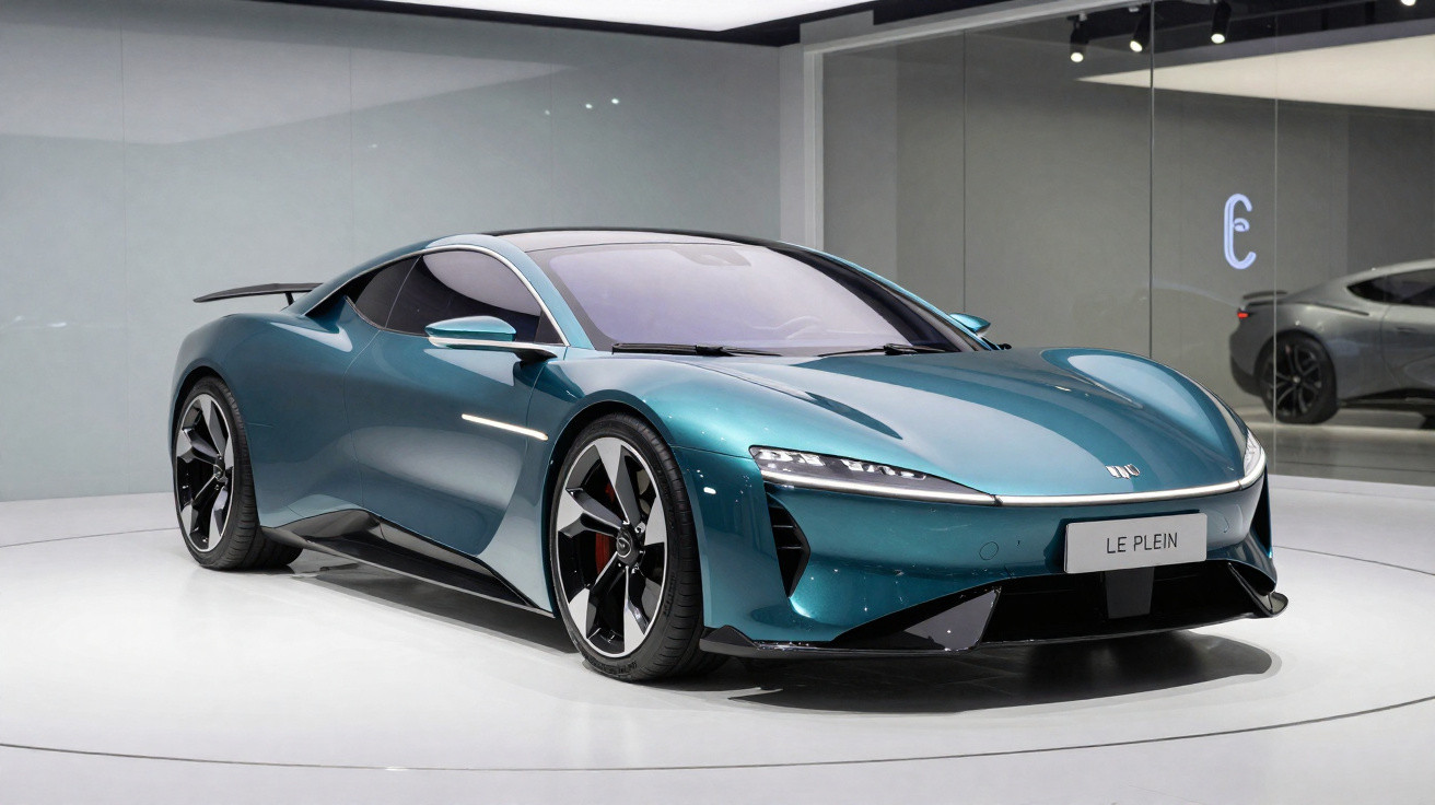 Blaugrünes Elektro-Sportauto mit aerodynamischem Design in modernem Ausstellungsraum auf Drehscheibe.