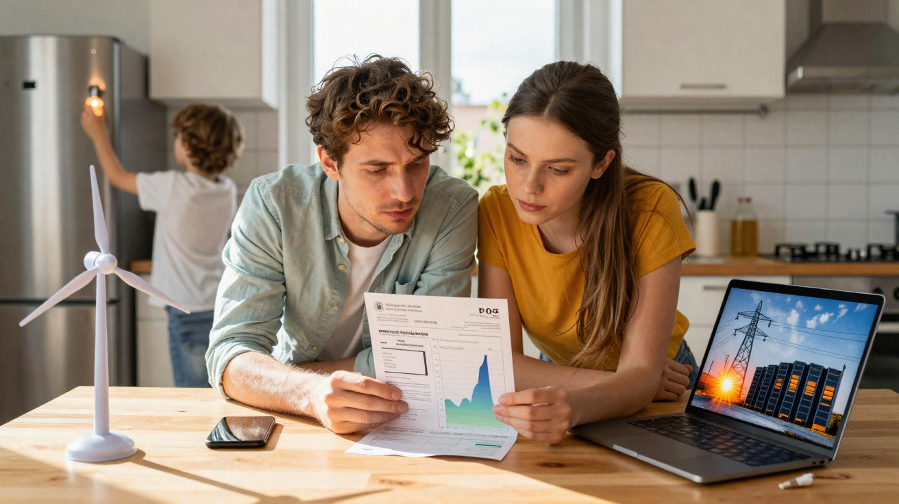 Junges Paar analysiert Energierechnung am Küchentisch, im Hintergrund Kind schaltet Licht aus.