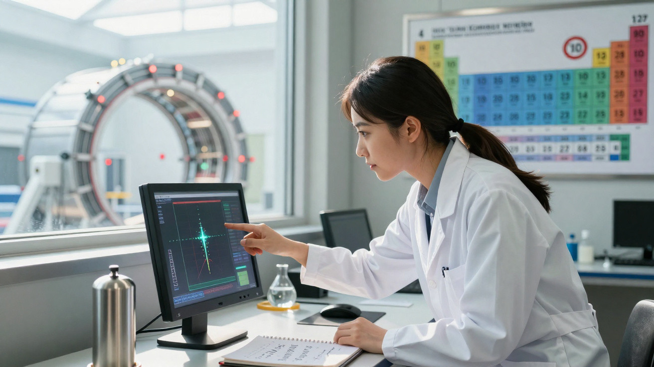 Wissenschaftlerin im Labor analysiert Daten auf Monitor vor Kernphysik-Gerät, Periodensystem an der Wand sichtbar.