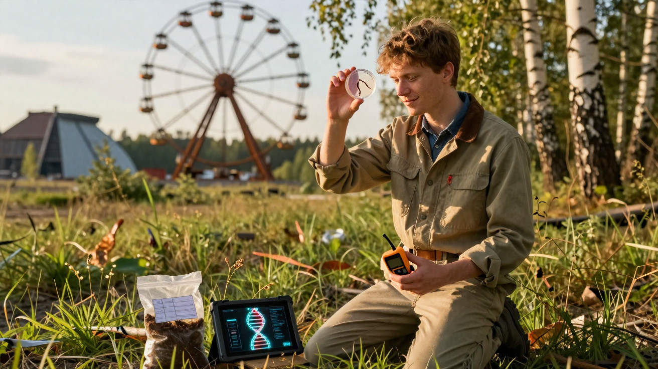 Junger Wissenschaftler untersucht Probe in Petrischale mit Riesenrad und Technik im Hintergrund.