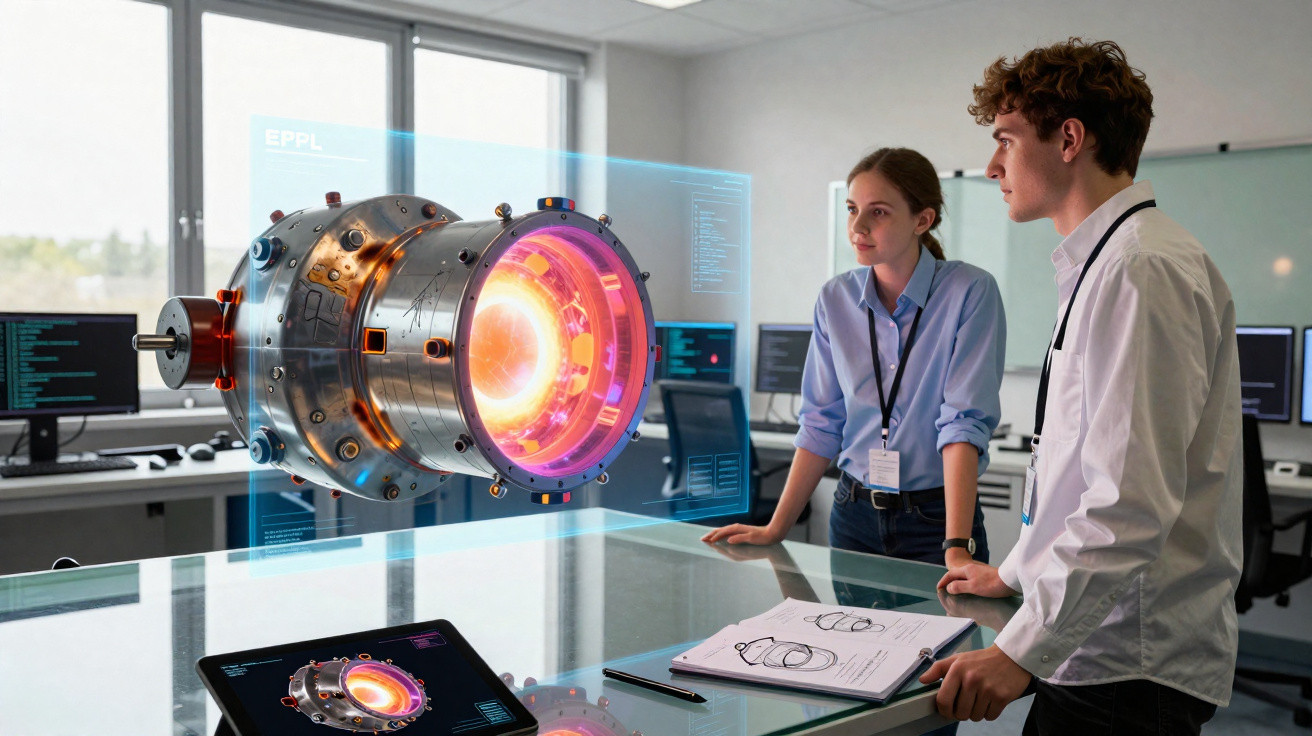 Zwei Ingenieure betrachten im Büro eine 3D-Hologrammprojektion eines technischen Geräts auf einem Tisch.