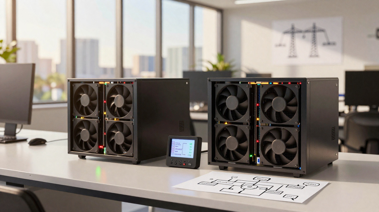 Zwei Mining-Rigs mit Lüftern und Display auf einem Schreibtisch in einem modernen Büro.