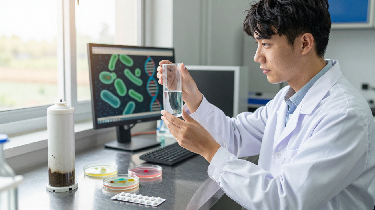 Wissenschaftler im Labor untersucht Wasserprobe vor Bildschirm mit Bakterien- und DNA-Grafik