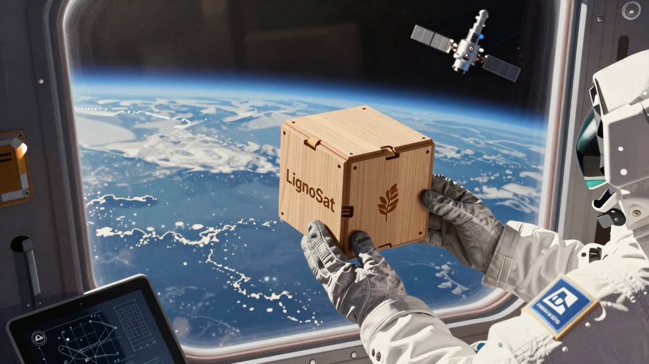 Astronaut hält im Weltall vor Erdanziehung einen kleinen Holzwürfel mit der Aufschrift LignoSat.