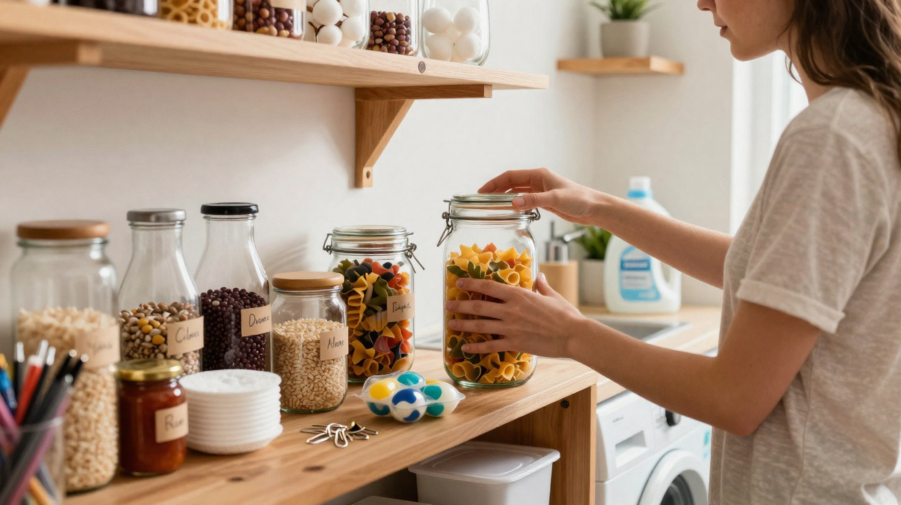 Frau ordnet bunte Pasta und Lebensmittel in beschrifteten Gläsern in einer Küchenregal-Aufbewahrung.