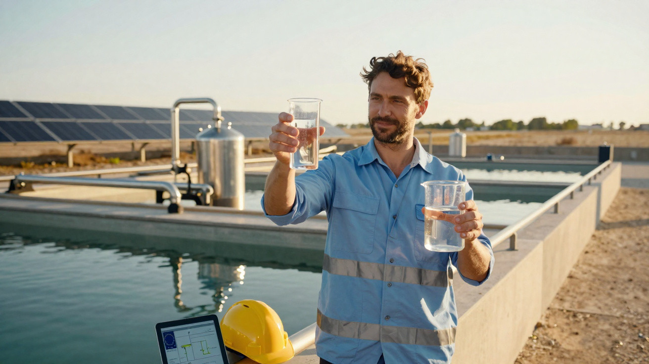 Ingenieur in Arbeitskleidung prüft Wasserprobe vor einer Wasseraufbereitungsanlage im Freien bei Sonnenlicht.