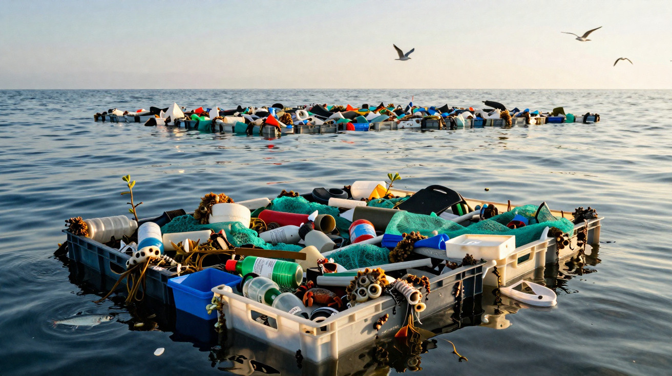 Schwimmende Plastikbehälter mit Müll und Pflanzen im Meer, darüber fliegen Möwen am klaren Himmel.