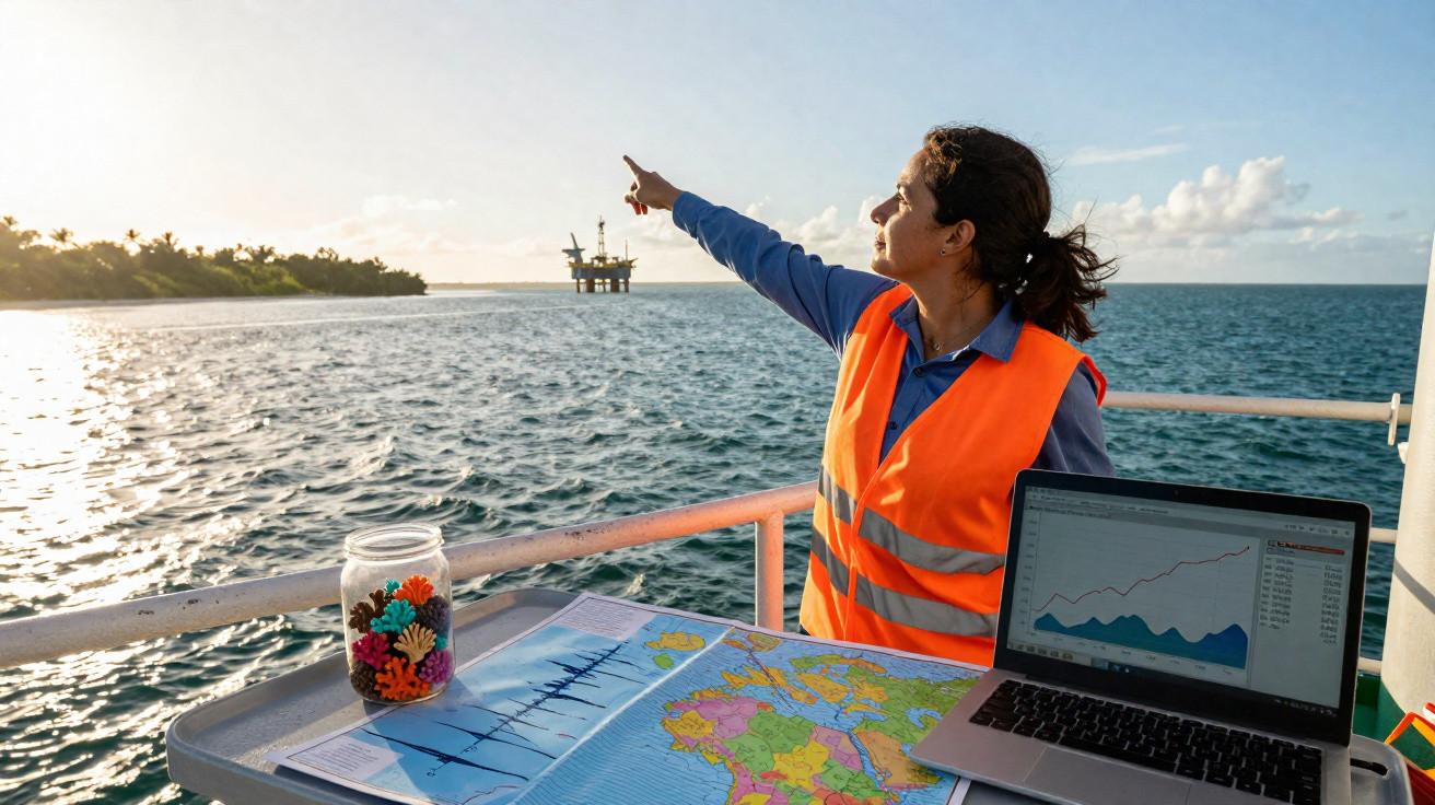 Frau in Warnweste zeigt auf eine Ölplattform, neben ihr Karte, Diagramme und Laptop auf Tisch am Meer.
