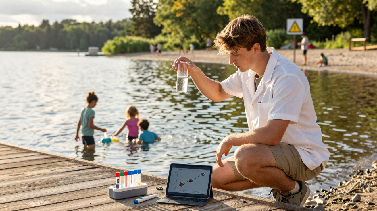Junger Mann misst Wasserqualität am See, Kinder spielen im Hintergrund im flachen Wasser bei Sonnenschein.