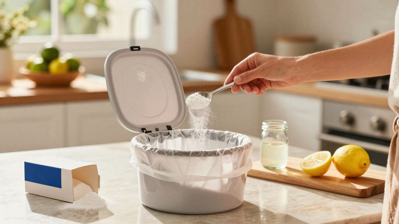 Hand gibt Pulver mit Löffel in einen Plastikmüllbeutel auf Küchenarbeitsplatte mit Zitrone und Glas im Hintergrund.