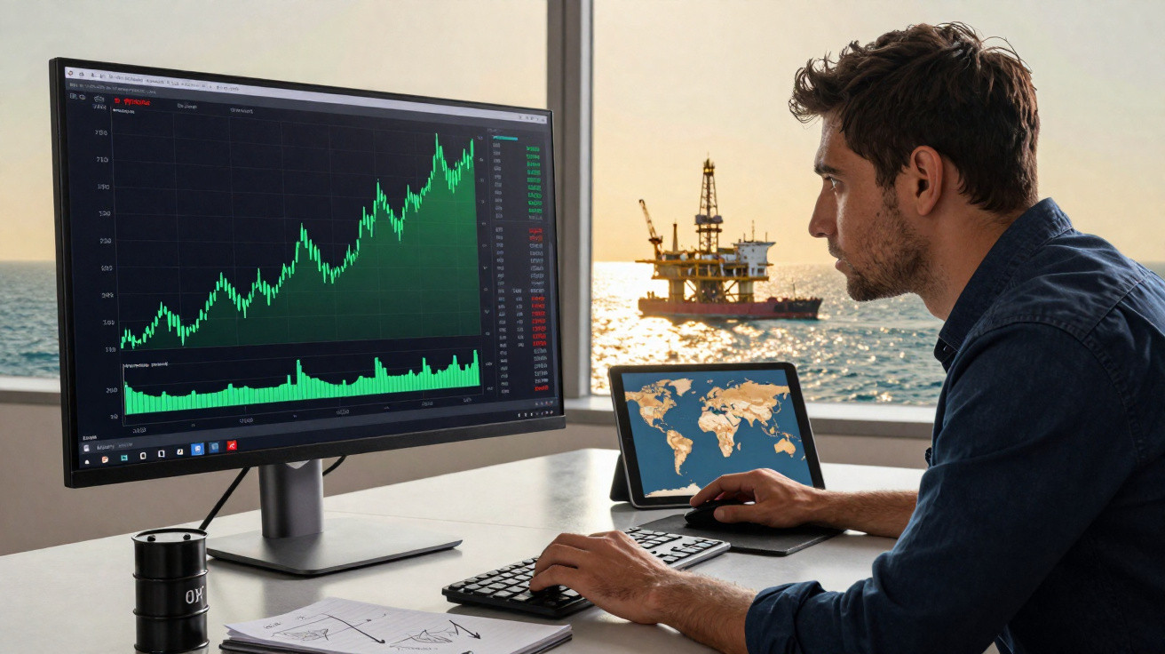 Mann analysiert Börsendaten an Monitor, im Hintergrund Offshore-Ölplattform bei Sonnenuntergang.